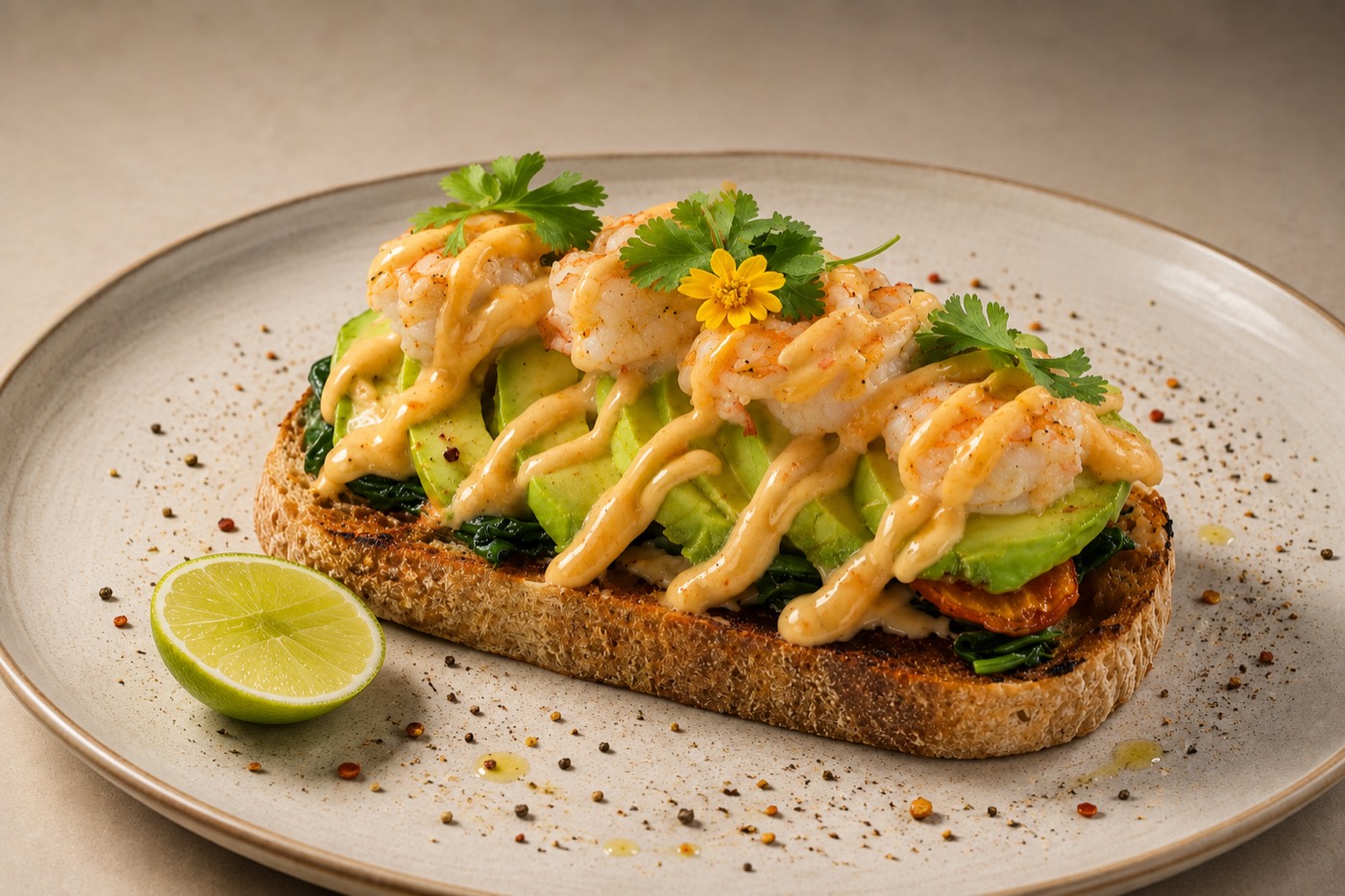 Prawn and avocado toast at Shaffa GastroBazar in Balangan: prawns and sliced avocado over spinach on toasted sourdough, with lime