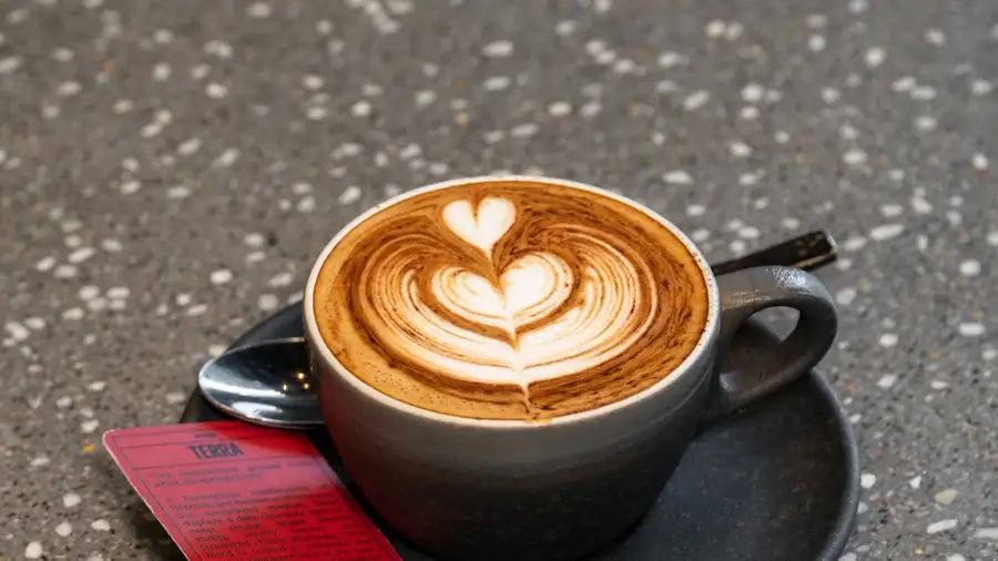 A coffee with latte art at Expat. Roasters, a specialty coffee shop in Uluwatu