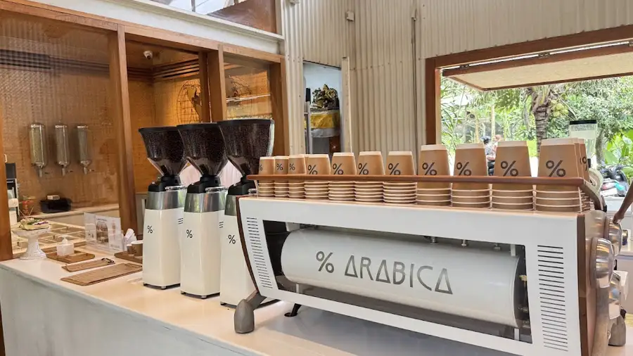 The espresso bar at % Arabica in the Alchemy garden, Bingin