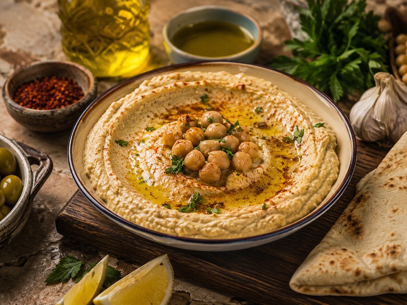 A bowl of hummus topped with whole chickpeas, olive oil, paprika and parsley, with warm flatbread, olives and lemon alongside