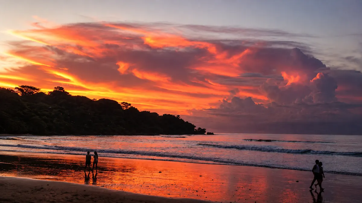 A south Bali beach at sunset in the dry season: red and orange sky over flat water, wet sand reflecting the light, a few people walking at the water line