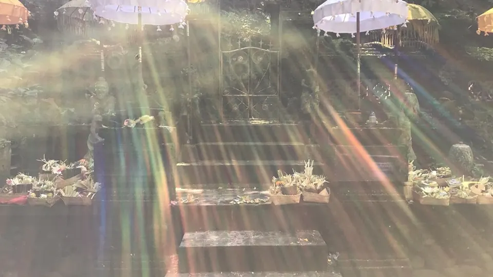 A temple shrine dressed for a ceremony: white ceremonial parasols, stone steps covered with woven palm offerings, sunlight breaking across the frame