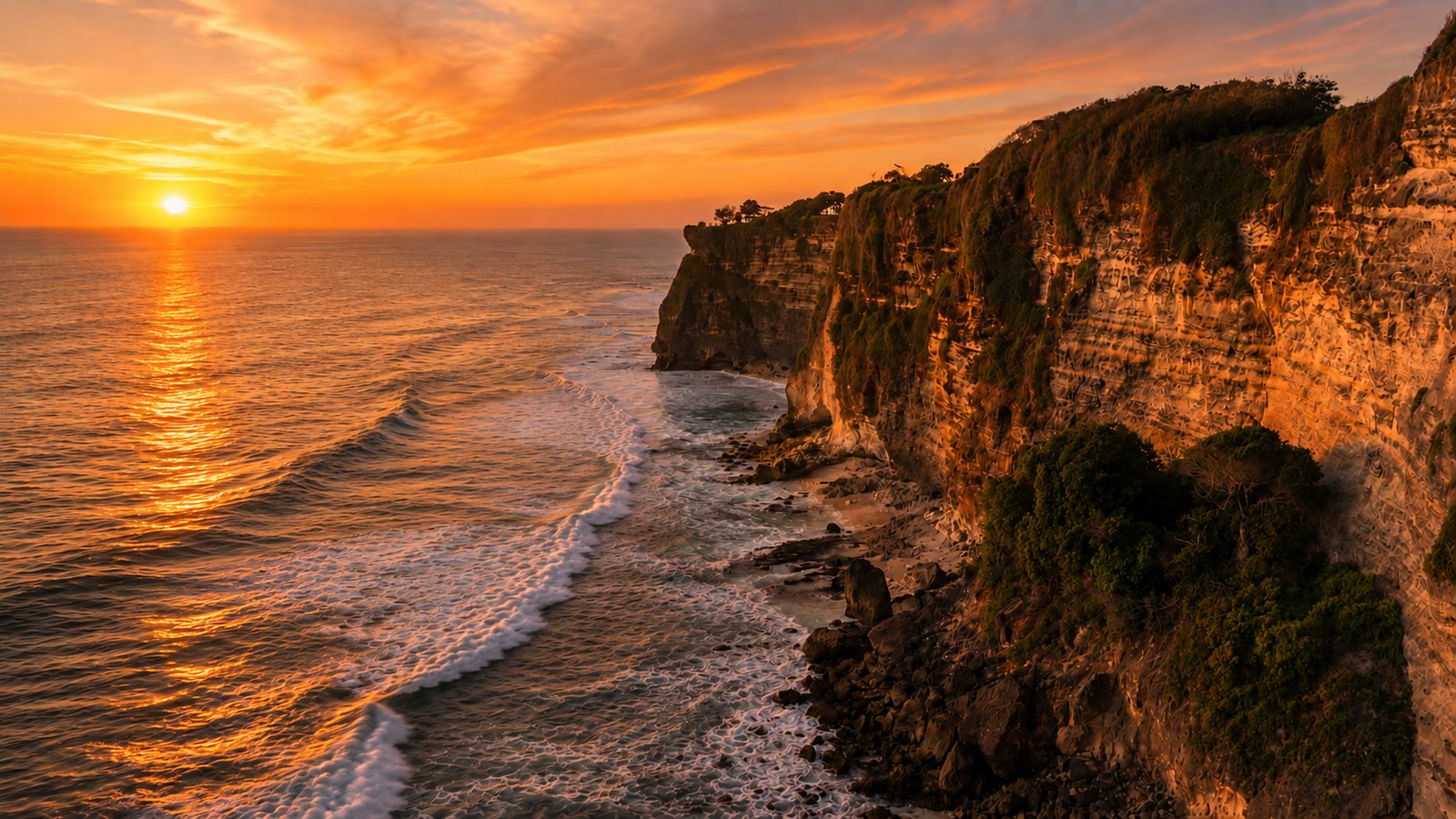Sunset over the Uluwatu cliffs at Batu Jaran: the sun on the horizon, an orange sky, white surf breaking along the foot of a limestone headland that runs off into the haze