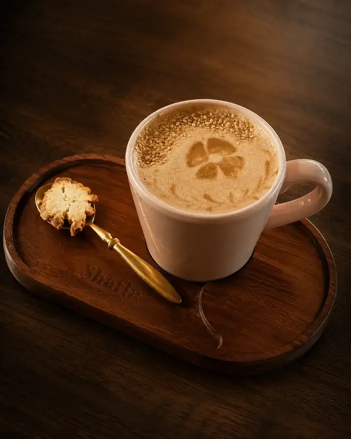 A halva latte with sesame on the foam at Shaffa GastroBazar in Uluwatu